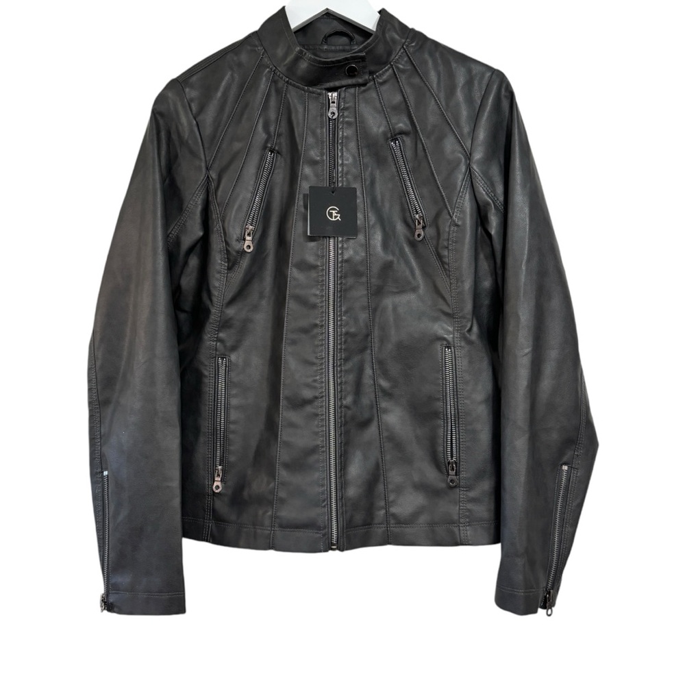 Tagoo Vegan Faux Leather Gray Biker Moto Zip Up Grunge Jacket NWT Large